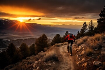 Mountain biker on a trail at sunset.
