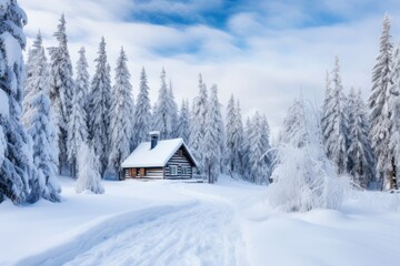 Snowy winter landscape with pine trees and a wooden cabin.
