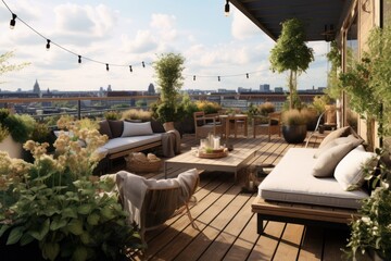 Urban rooftop garden with plants and comfortable seating