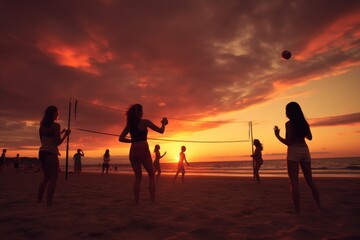 Vibrant beach sunset with silhouettes of people playing volleyball.
