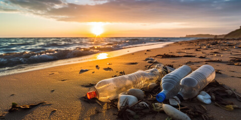 plage polluée avec de nombres détritus et bouteilles de plastique - obrazy, fototapety, plakaty