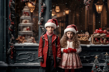 beautiful children at christmas time outside in front of christmas decoration in stores