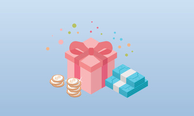 Gift boxes and collect bonus money back. Loyalty and referral marketing program concept.on blue background.3D design.isometric vector design Illustration.