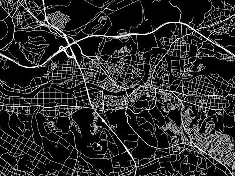 Vector road map of the city of  Miki in Japan with white roads on a black background.