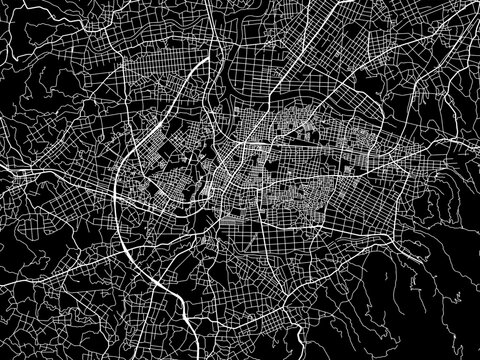 Vector road map of the city of  Miyakonojo in Japan with white roads on a black background.