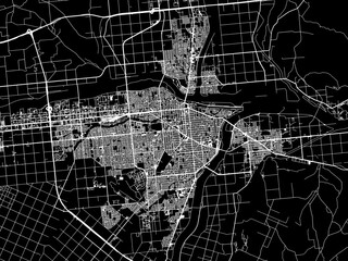 Vector road map of the city of  Obihiro in Japan with white roads on a black background.