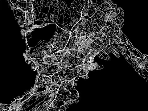 Vector road map of the city of  Okinawa in Japan with white roads on a black background.