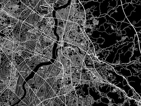 Vector road map of the city of  Okazaki in Japan with white roads on a black background.