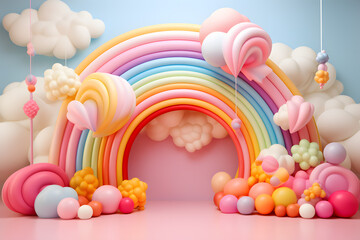 Colorful clouds and balloons arc podium   illustration 