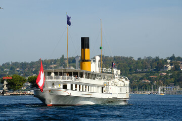 a vintage steamboat cruising on Lake Geneva, Geneva, Switzerland