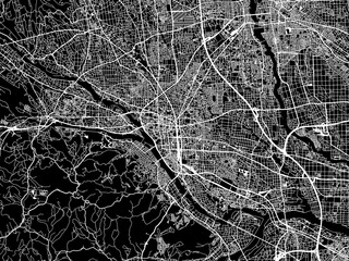 Vector road map of the city of  Takasaki in Japan with white roads on a black background.