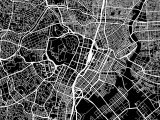 Vector road map of the city of  Tokyo City Center in Japan with white roads on a black background.