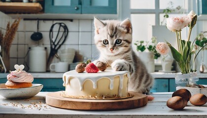 おしゃれなケーキとかわいい子猫　台所でいたずらをする猫 - obrazy, fototapety, plakaty