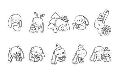Set of Vector Christmas Hare Coloring Page. Collection of Kawaii Isolated New Year Rabbit Outline
