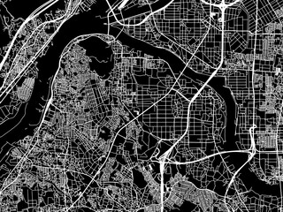 Vector road map of the city of  Yawata in Japan with white roads on a black background.