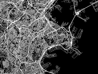 Vector road map of the city of  Yokohama in Japan with white roads on a black background.