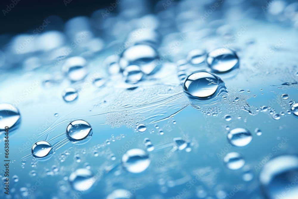 Poster a detailed close-up view of water droplets on a surface.