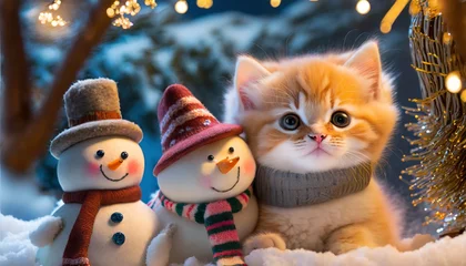 Fotobehang 丸顔でかわいい子猫と雪だるまとクリスマスツリー © uumm