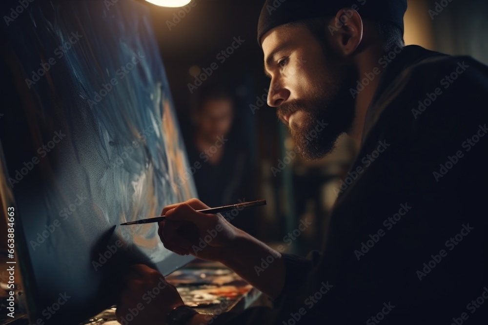 Poster A man is seen painting on a canvas in a dark room. This image can be used to depict creativity, artistic expression, and the process of creating art.
