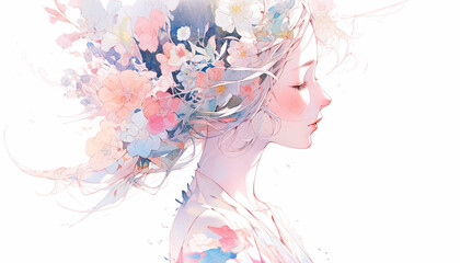 花の髪飾りをした女性の横顔水彩イラスト