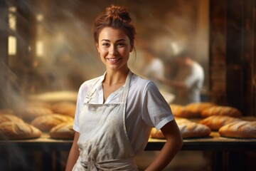 Fototapeta premium A woman wearing an apron standing in front of a bakery. This image can be used to depict a baker or bakery owner, or to illustrate the concept of a small business.