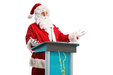 Santa claus giving a speech on a pedestal
