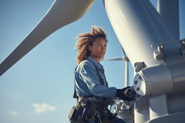 A woman standing next to a wind turbine. This image can be used to represent renewable energy, sustainability, and clean technology. - obrazy, fototapety, plakaty