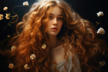 Fototapeta premium A picture of a woman with long red hair adorned with flowers. This image can be used to depict natural beauty, femininity, or bohemian style.