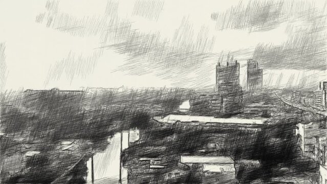 black and white of cityscape background, sketch style