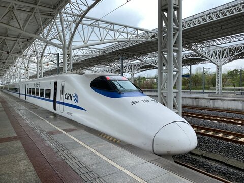 Yangzhou,China-April 4th 2023: Chinese Hexie (Harmony) CRH high speed train at railway station platform. 