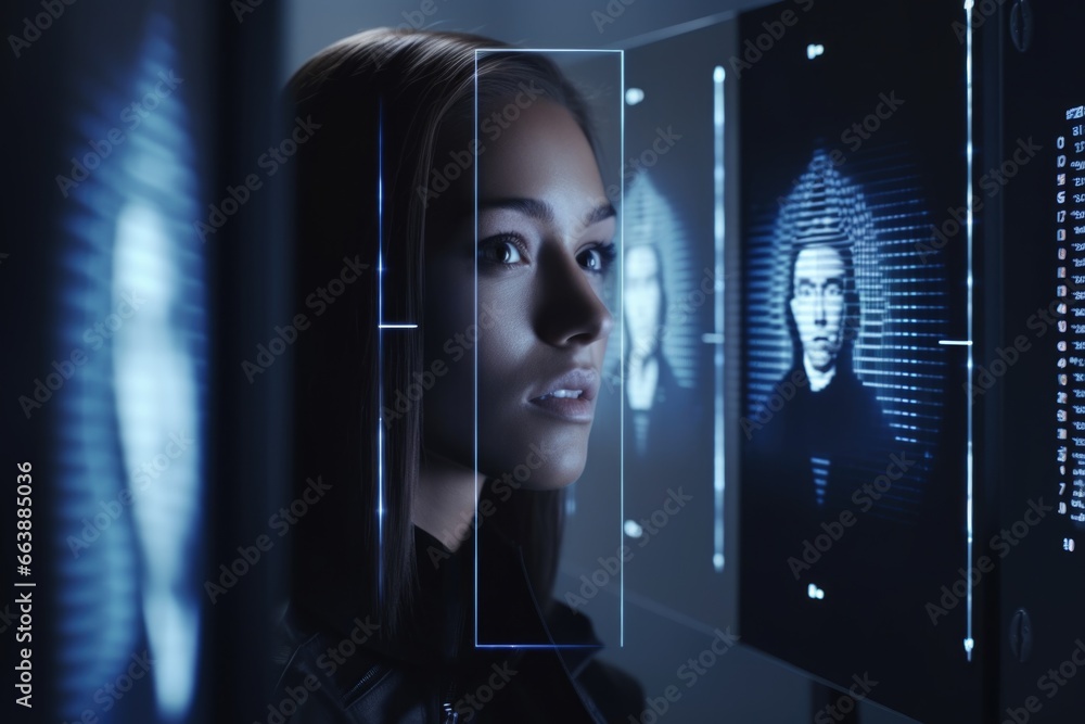 Poster a woman is seen looking at a computer screen that displays a face.