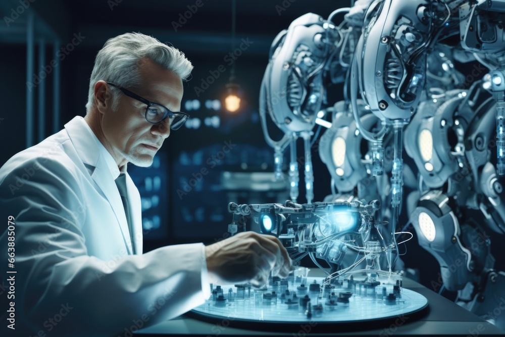 Poster a man in a lab coat is seen diligently working on a machine. this image can be used to showcase rese