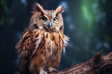 Fototapeta premium An owl sitting on top of a tree branch. This image can be used to depict nature, wildlife, or birds in their natural habitat.