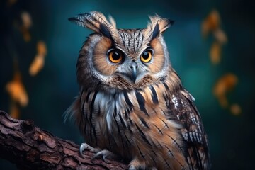 A detailed close-up of an owl perched on a branch. This image can be used to depict wildlife, nature, or animal themes.