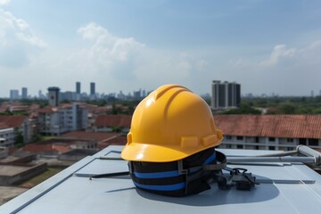 Safety helmet on rooftop with solar panels. Generative AI