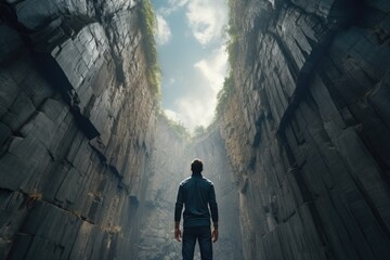 A man is standing in a narrow tunnel. 