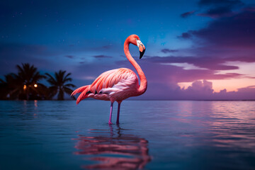 beautiful flamingo, sunset on the island