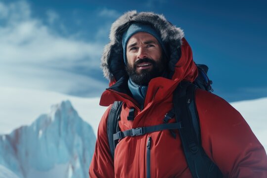 A picture of a man wearing a red jacket and carrying a black backpack. This image can be used to depict outdoor activities, travel, adventure, or hiking.