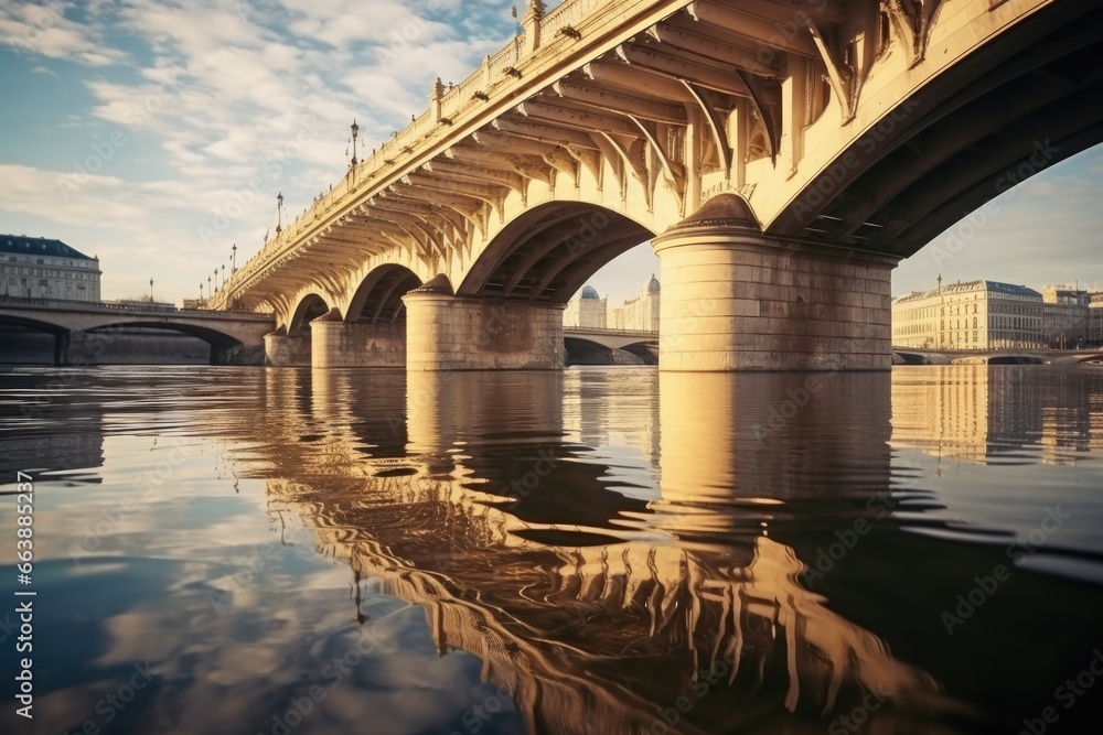 Aufkleber a picture of a bridge spanning over a body of water with a cloudy sky in the background. this image 