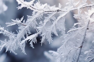 A close-up view of a tree branch covered in frost. This image can be used to depict the beauty of winter, the coldness of the season, or the tranquility of nature in colder climates.