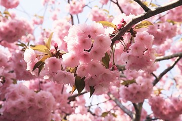 A close-up view of a bunch of pink flowers blooming on a tree. 
