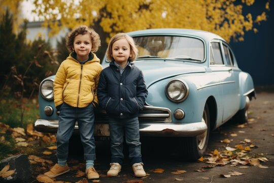 Cute children near old retro car outdoor after rain. Style kid happy child. Generate Ai
