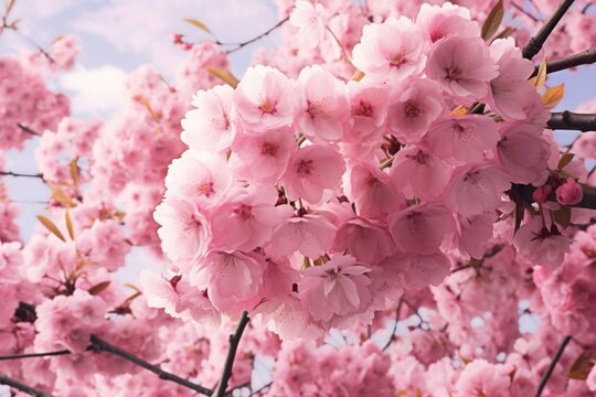 A close-up view of a bunch of pink flowers on a tree. This vibrant and colorful image can be used to add a touch of nature and beauty to any project.