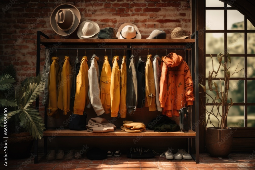 Poster a rack of clothes and hats in a room. this image can be used to showcase a collection of clothing or