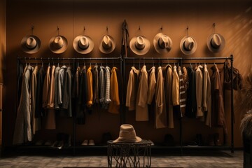 A room with a rack filled with clothes and hats. Perfect for fashion designers, clothing stores, or wardrobe organizers.