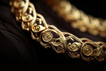 A close-up view of a gold bracelet resting on a black cloth. This elegant accessory is perfect for showcasing luxury and style. Ideal for fashion blogs, jewelry catalogs, and lifestyle magazines. - obrazy, fototapety, plakaty