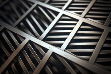 A close up view of a metal grill grate. This image can be used to depict textures, industrial settings, or cooking equipment.
