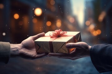 A person is shown handing a gift to another person. This image can be used to depict generosity, friendship, celebrations, special occasions, or acts of kindness.