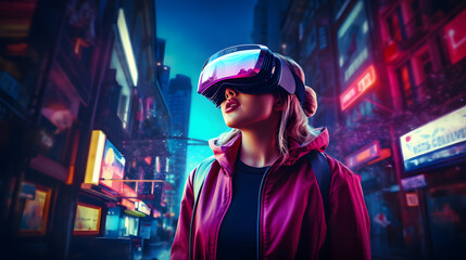 Young woman in glasses of virtual reality
