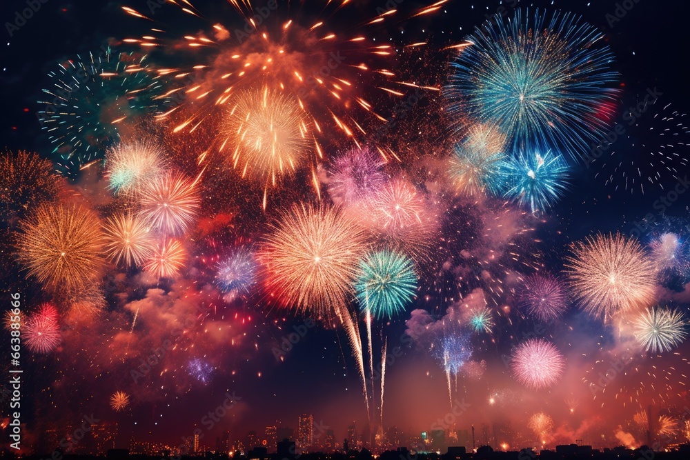 Poster a stunning display of a large group of colorful fireworks illuminating the night sky. perfect for ce